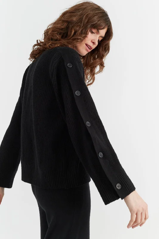 Long Sleeve Pullover Sweater-Women's Athletic Pullovers-Black Wool-Cashmere Bessie Button Sweater