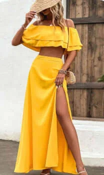 Skirts with Piping-Women's Sequin Denim Skirts-Off-shoulder layered crop top and split maxi skirt set yellow