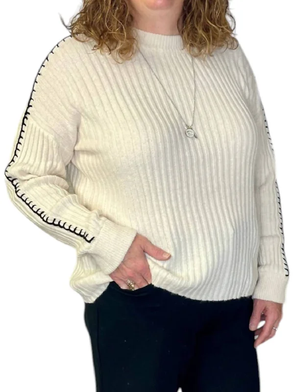 Pull-over Sweater for Cozy Nights-Women's Silk Pleated Pullovers-Vertical Stitch Soft Sweater In Cream