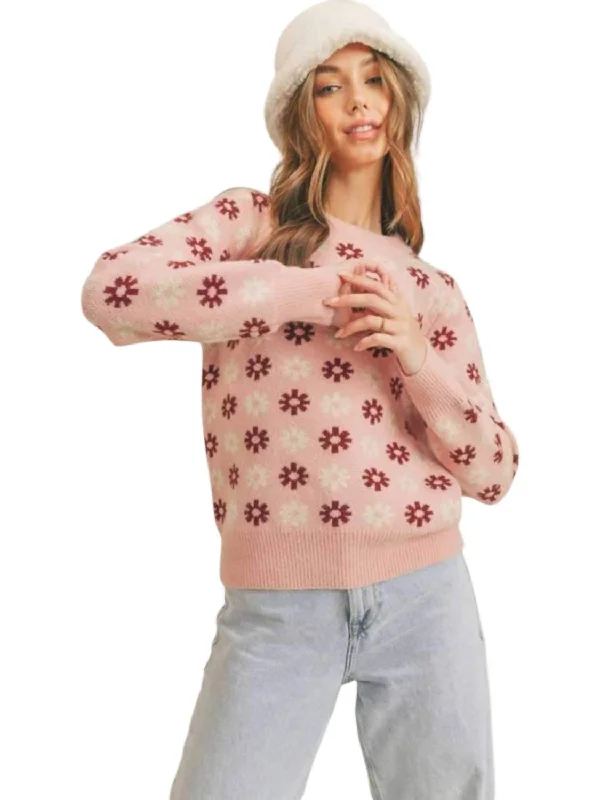 High-quality Pullover Sweater-Women's Chunky Pullovers-Snowflake Print Crew Neck Sweater In Pink