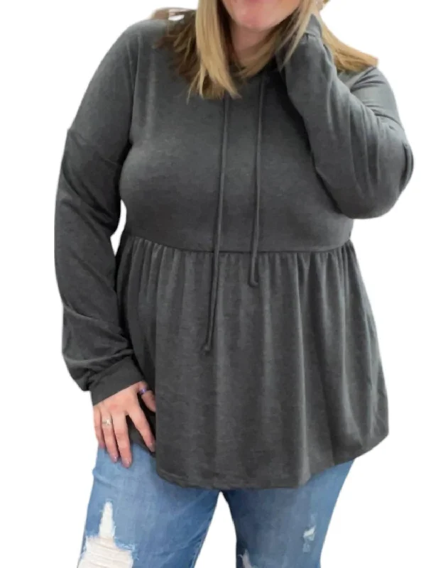 Cozy Pullover Sweater for Layering-Women's Fleece Pencil Pullovers-Babydoll Hoodie Sweater In Charcoal