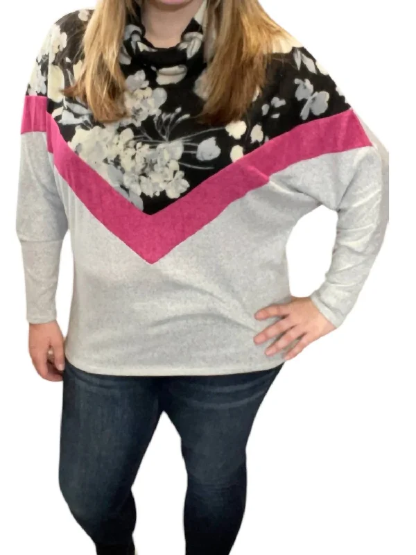 Casual Pullover Sweater for Women-Women's Tulle A-Line Pullovers-Floral Chevron Cowlneck Sweater In Black/grey