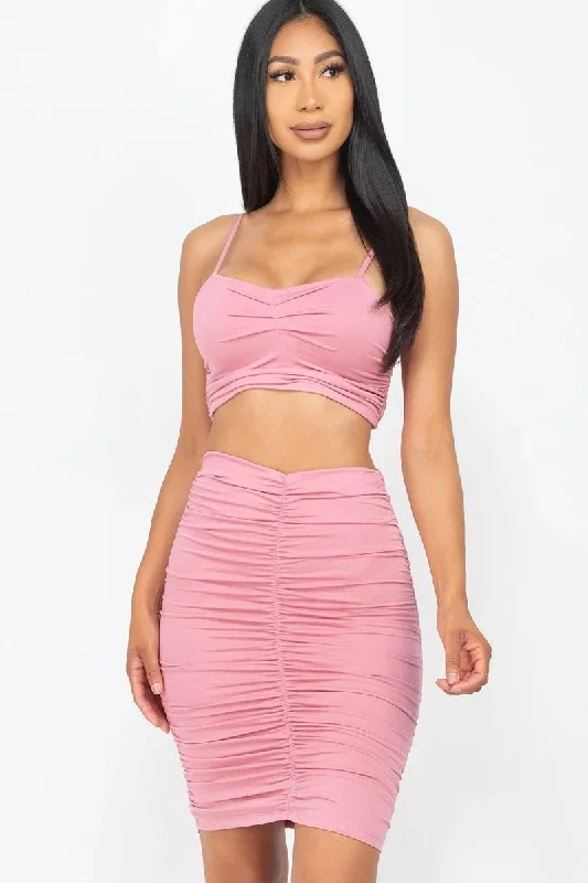 Skirts for Teens-Women's Button-Front Floral Skirts-Pink Ruched Cropped Cami & Skirt Set