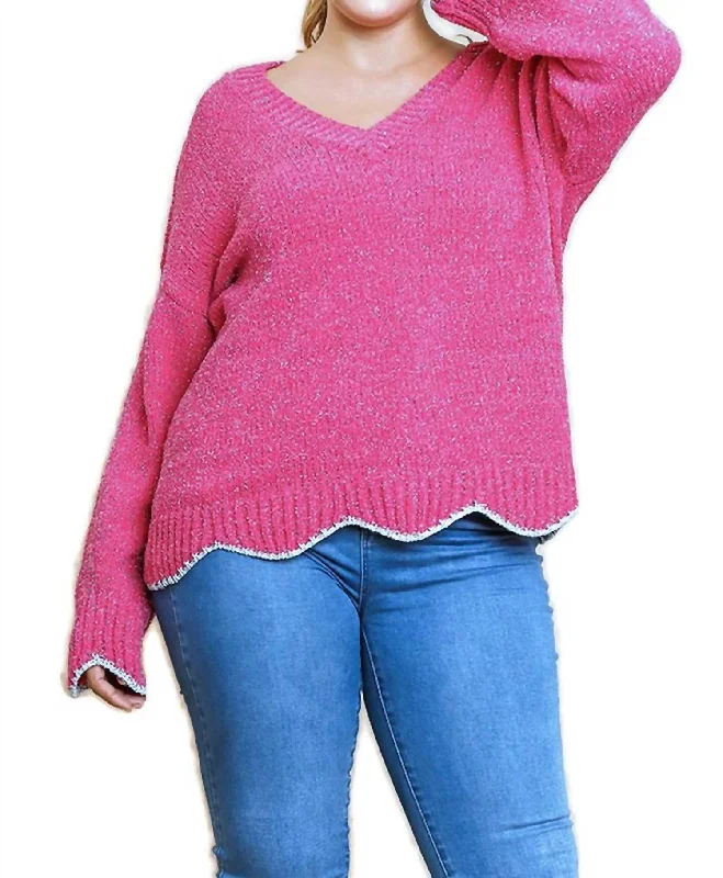 Warm Pullover Sweater for Fall-Women's Shimmer Denim Pullovers-Zig Zag Pullover Sweater In Hot Pink