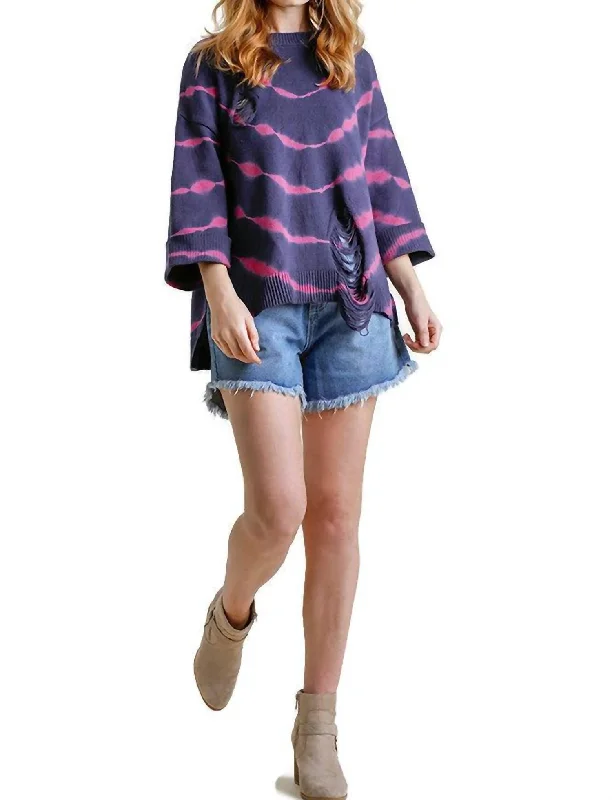 Cozy Turtleneck Pullover Sweater-Women's Fleece Pleated Pullovers-Distressed Tie Dye Sweater In Navy/fuchsia