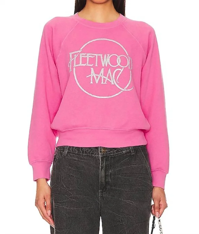 Pullover Sweater with Loose Fit-Women's Thermal Pleated Pullovers-Fleetwood Mac Circle Logo Raglan Crew Sweater Top In Pink Rouge