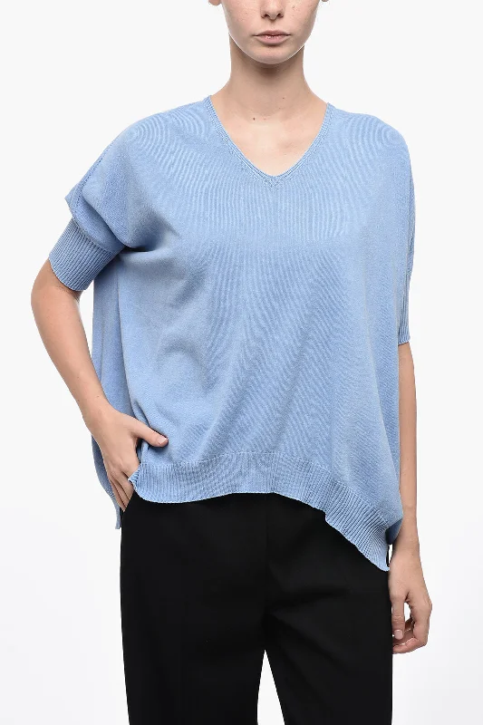 Simple Knit Pullover Sweater for Fall-Women's Low-Waisted Ruffle Pullovers-Arovescio Dropped-Shoulder Sweater with Assymmetric Hem