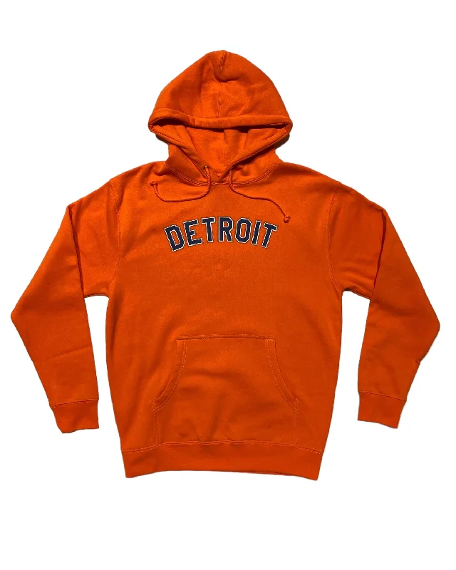 Hoodie with Unique Detail for Stylish Wear-Women's Relaxed Fit Hoodies-Ink Detroit - Orange & Navy print on Bright Orange Hoodie