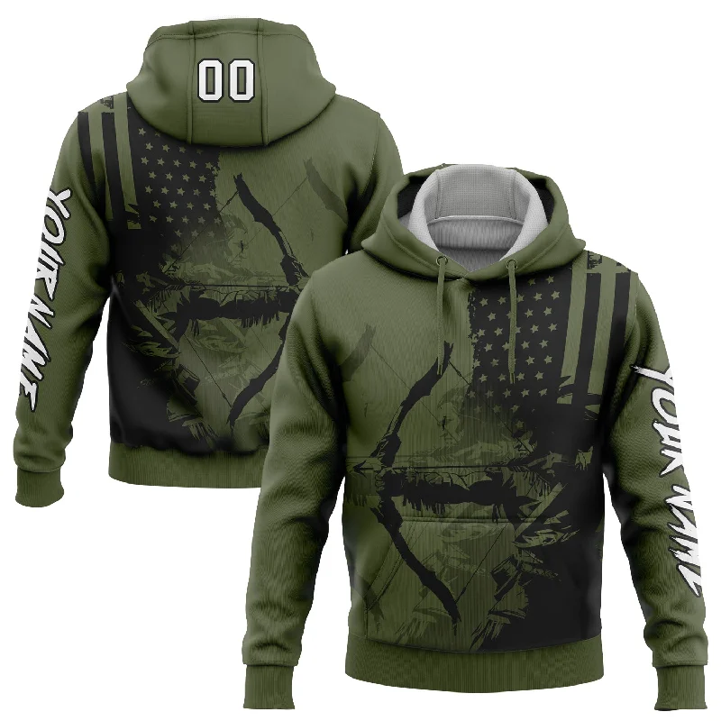 Hoodie for Active, Sporty Wear-Women's Glen Plaid Hoodies-Custom Stitched Olive White-Black 3D American Flag And Bow Hunter Hunting Sports Pullover Sweatshirt Hoodie