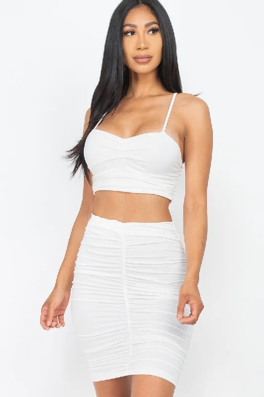 Skirts for Parties-Women's Button-Front Pleated Skirts-White Ruched Cropped Cami & Skirt Set