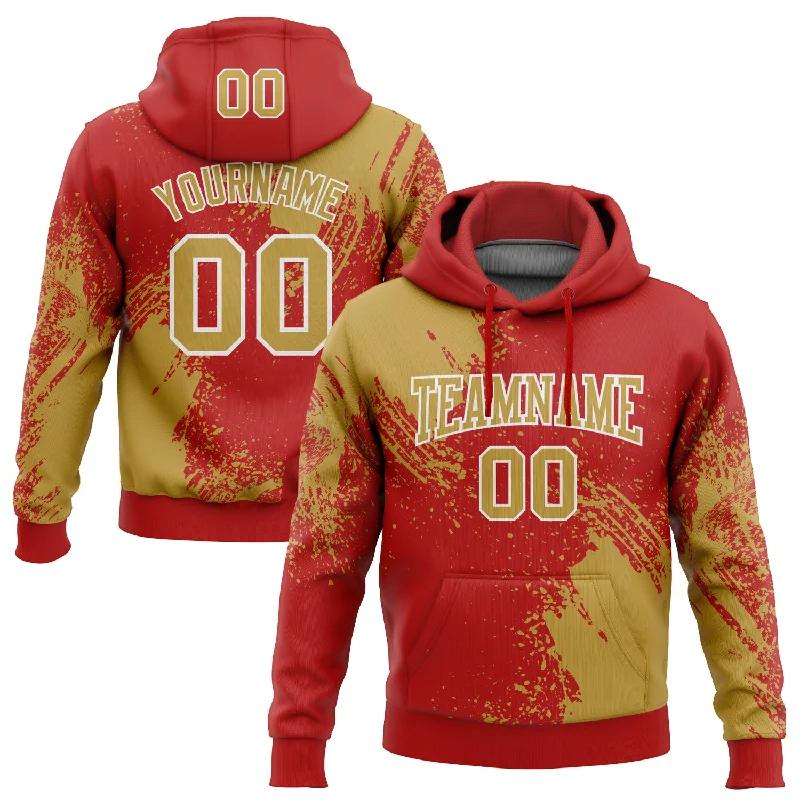 Hoodie for Travel and Comfort-Women's Relaxed Fit Hoodies-Custom Stitched Red Old Gold-White 3D Pattern Design Abstract Brush Stroke Sports Pullover Sweatshirt Hoodie