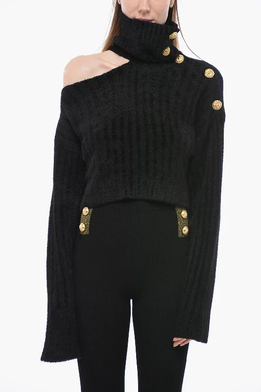 Stylish Pullover Sweater for Winter-Women's Ribbed Denim Pullovers-Balmain Cold Shoulder Sweater with Jewel Buttons