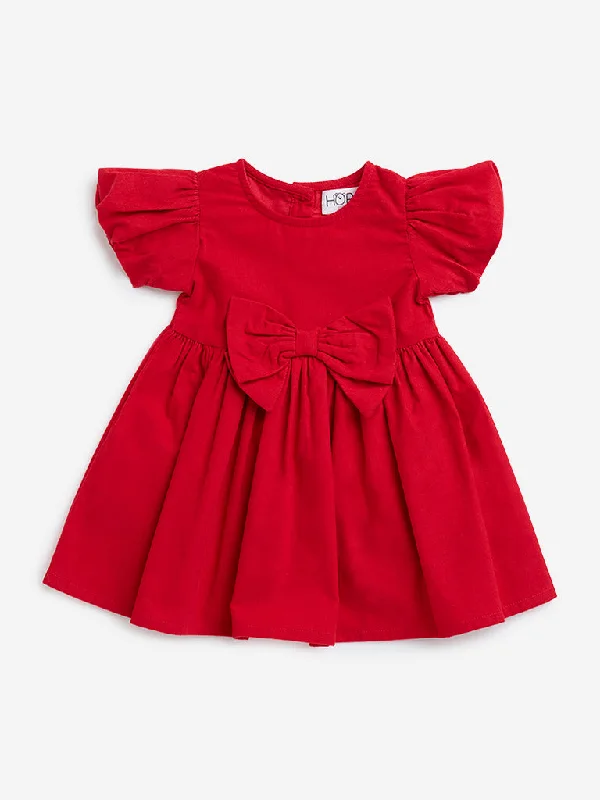 HOP Baby Red Bow-Detailed Fit-and-Flare Cotton Dress