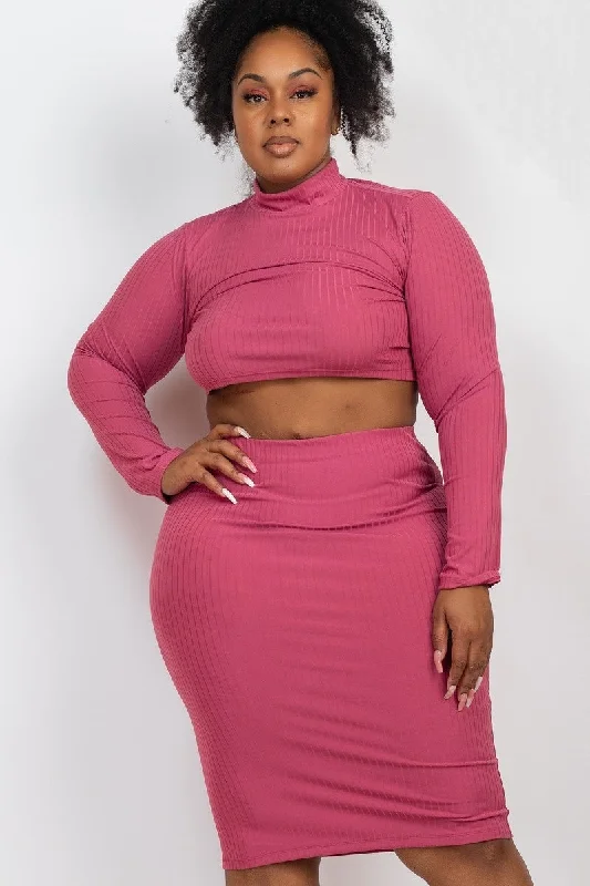 Stretch Skirts-Women's Double Layer Skirts-Plus Magenta Ribbed Crop Top & Skirt Set