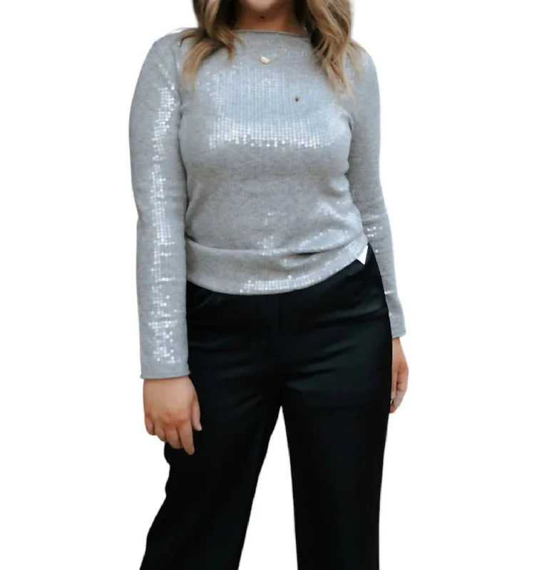 Pullover Sweater with Ribbed Hem-Women's Insulated Pullovers-Sequin Sweater In Grey