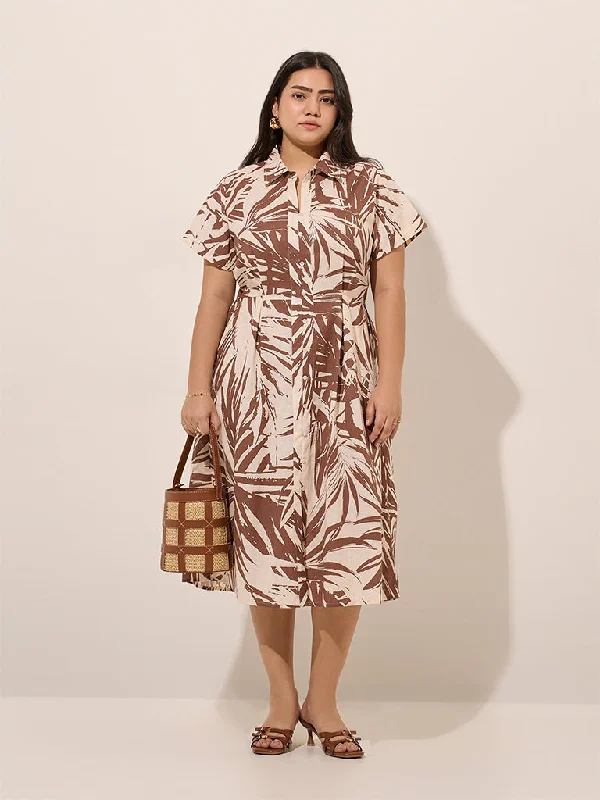 Gia Brown Leaf Printed Cotton A-Line Dress