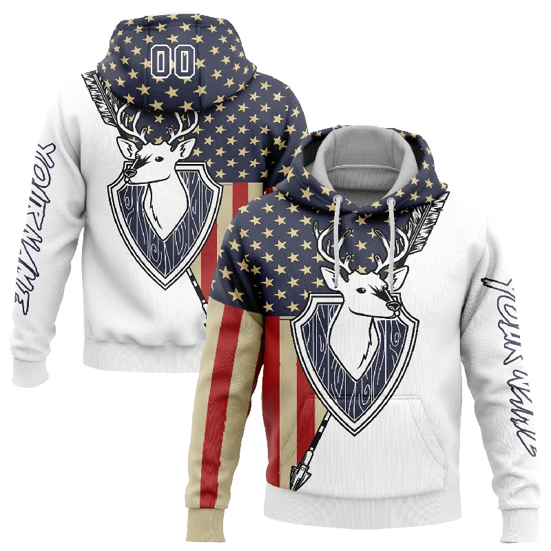 Hoodie with Cozy Pockets for Comfort-Women's Front Pocket Hoodies-Custom Stitched White Navy 3D American Flag And Deer Hunting Sports Pullover Sweatshirt Hoodie