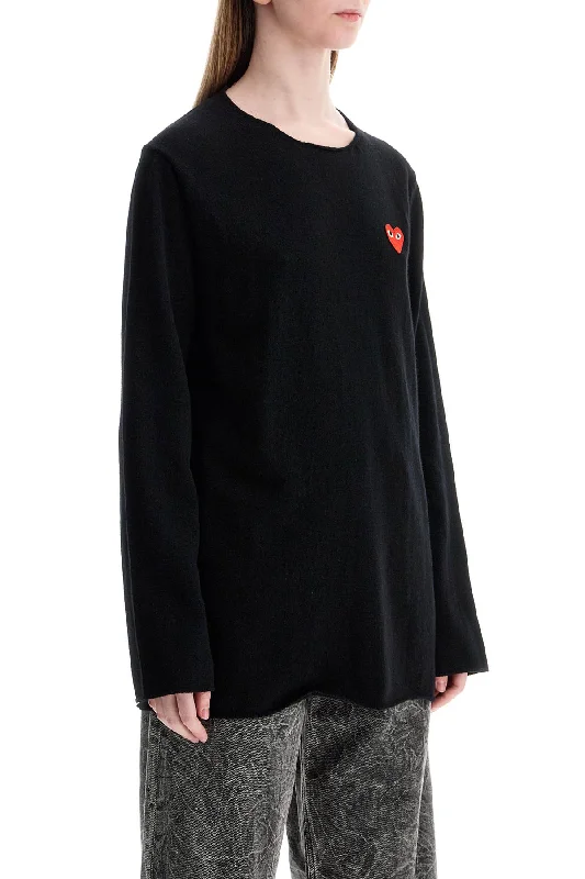 Blue Pullover Sweater-Women's Lace Ruffle Pullovers-Comme Des Garcons Play Black Wool Sweater With Red Heart Logo And Wide Neck