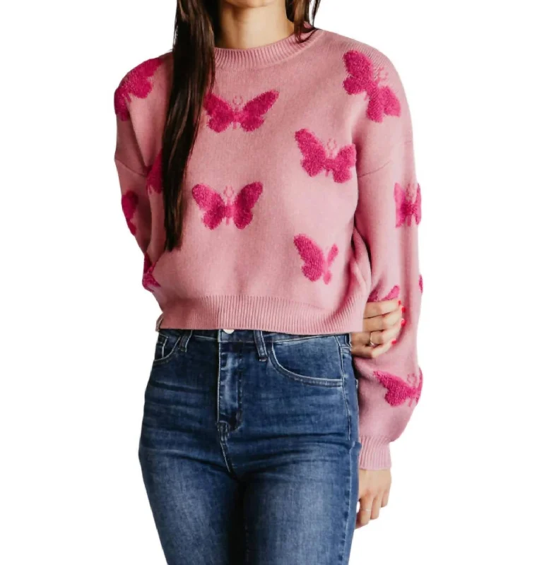 Pullover Sweater for Relaxed Comfort-Women's Thermal Ruffle Pullovers-Patterned Crop Sweater In Butterfly