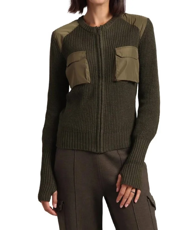 Pullover Sweater with Patch Pockets-Women's Glitter A-Line Pullovers-Cotton Cashmere Shaker Utility Zip Up In Army-Olive