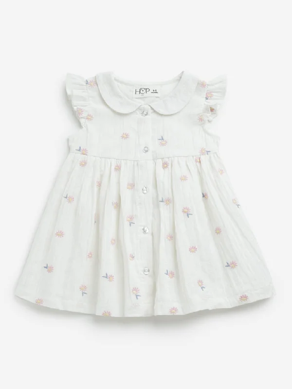 HOP Baby White Floral Embroidered A-Line Cotton Dress