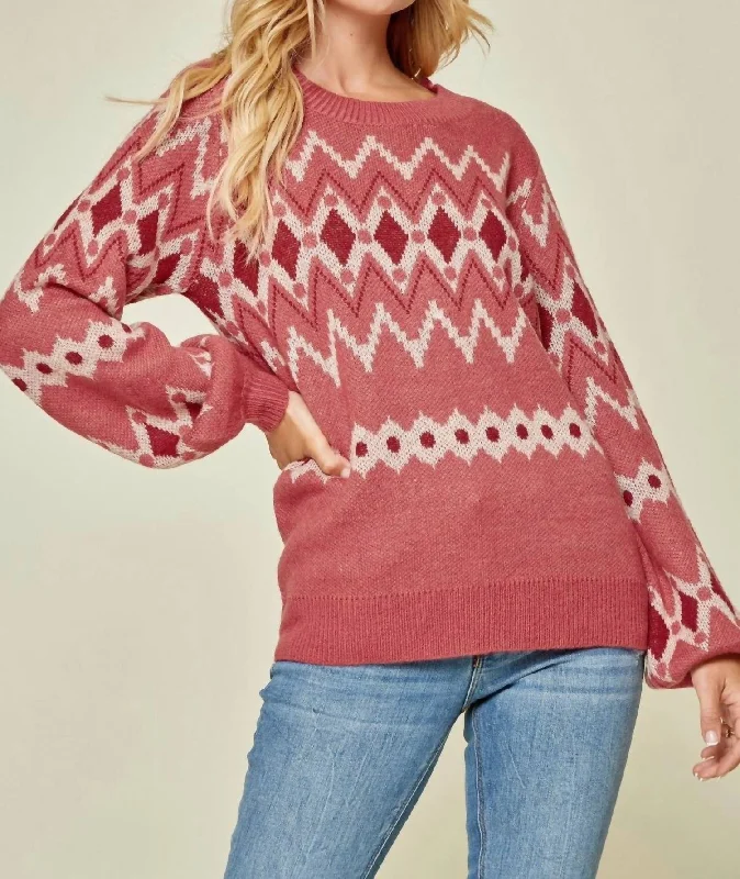 Pullover Sweater with Cozy Touch-Women's Fleece Ruffle Pullovers-Geometric Sweater In Marsala