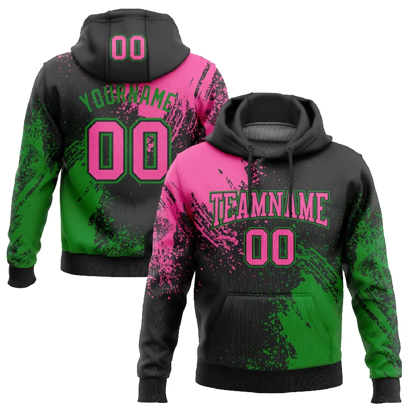 Hoodie for Stylish Outdoor Adventures-Women's Hidden Pocket Hoodies-Custom Stitched Black Pink-Grass Green 3D Pattern Design Abstract Brush Stroke Sports Pullover Sweatshirt Hoodie