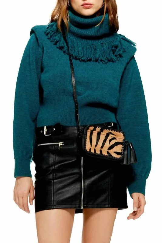 Pullover Sweater for Holiday Parties-Women's Shimmer Pleated Pullovers-Rock It Fringe Turtleneck Cropped Sweater In Green