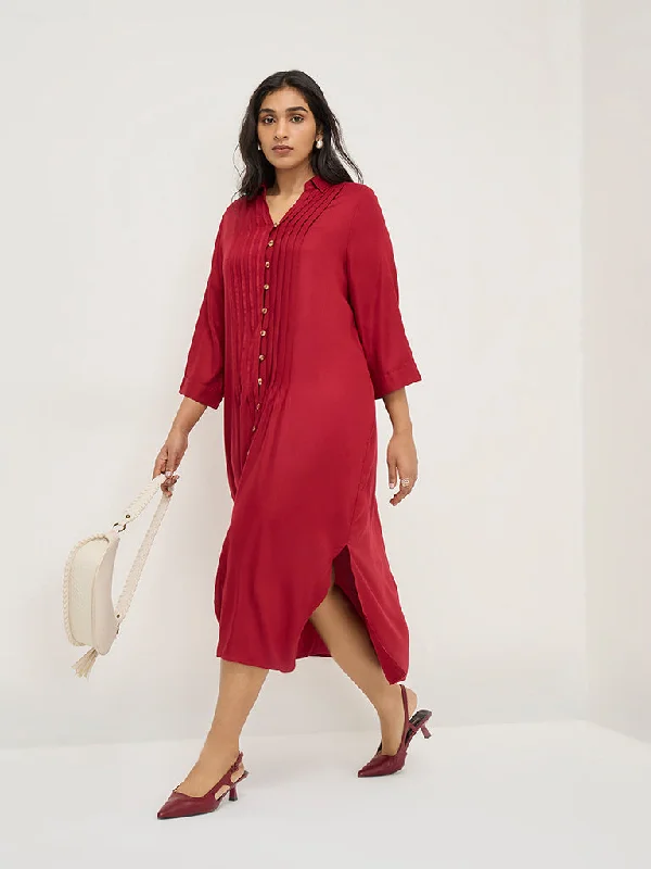 Gia Red Pintuck-Detailed Shirt Dress