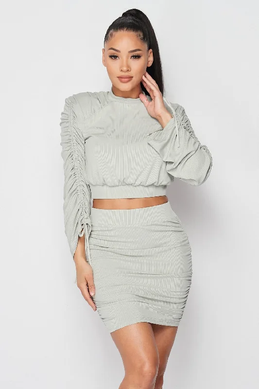 Skirts with Patterns-Women's Asymmetrical Skirts-Mint Grey Ruched Long Sleeve & Mini Skirt Set