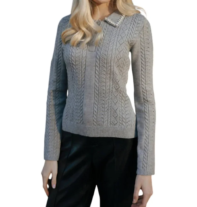 Pullover Sweater with Herringbone Pattern-Women's V-Neck Pullovers-Pearl Collar Sweater In Grey