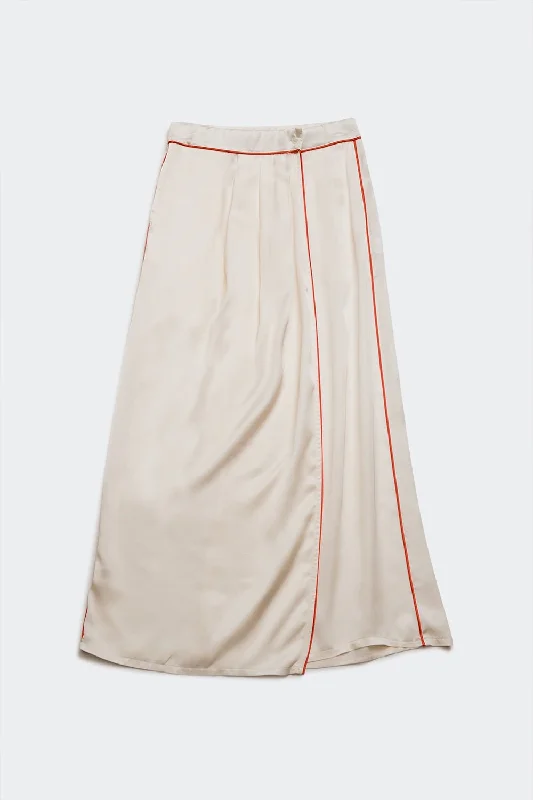 High-waisted A-line Skirts-Women's Low-Waisted Pleated Skirts-Satin Cream Skirt With Coloured Seam