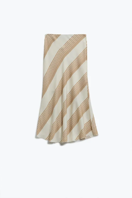 Short A-line Skirts-Women's Low-Waisted A-Line Skirts-Midi Skirt in Cream With Light Beige Stipes