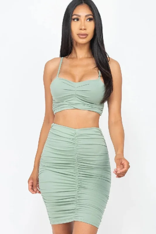 Casual Black Skirts-Women's Button-Front Skirts-Sage Ruched Cropped Cami & Skirt Set