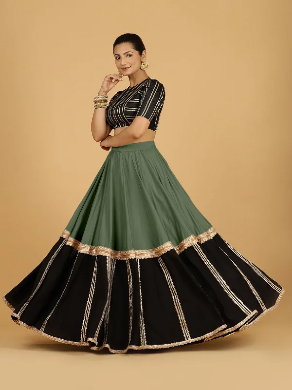 Skirts with Studded Details-Women's Low-Waisted Denim Skirts-Mastani x Tyohaar | Hunter Green Panelled Lehenga Skirt