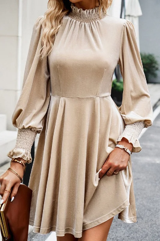 WOMEN HIGH RUFFLED NECK LONG SLEEVE SHORT DRESS