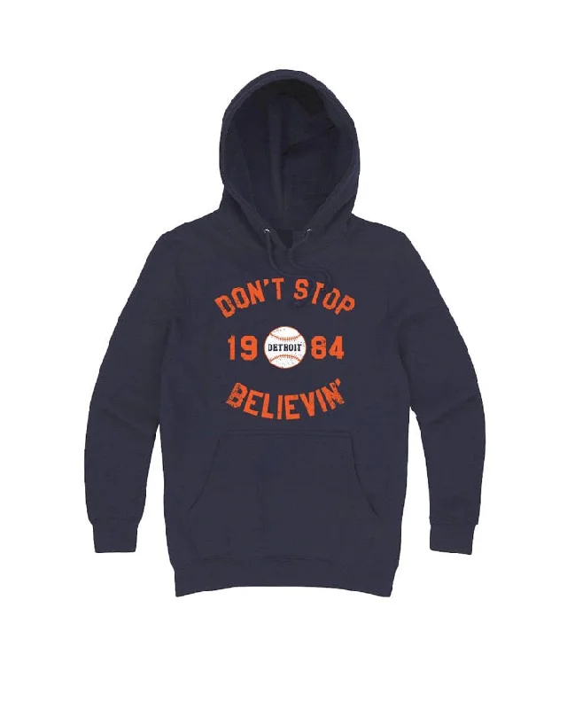 Hoodie for Simple, Classic Style-Women's Midi Hoodies-Ink Detroit Don't Stop Believing 1984 Hoodie - Navy