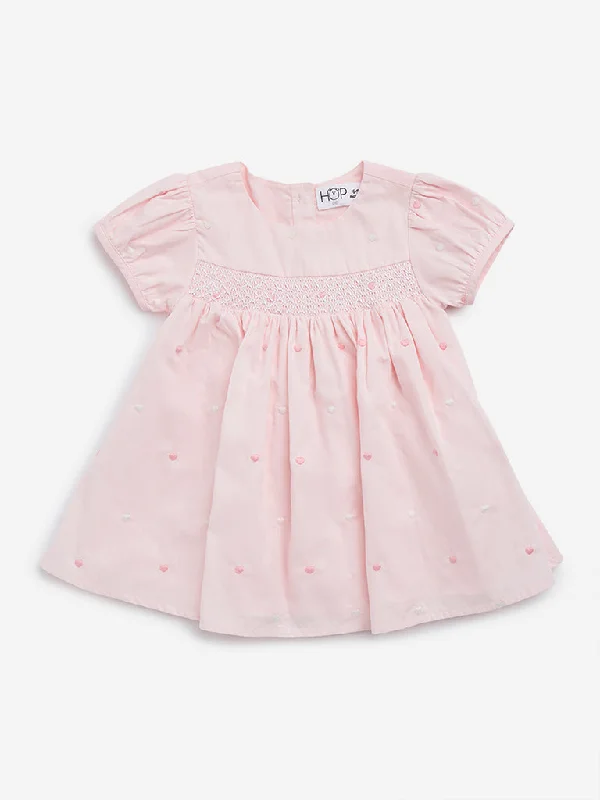 HOP Baby Pink Embroidered Cotton A-Line Dress