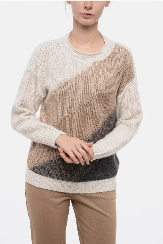 Chunky Cashmere Pullover Sweater-Women's Satin Pencil Pullovers-Peserico Crew Neck Wool Blend Sweater with Oblique Striped Motif