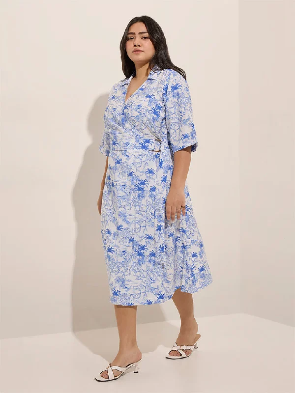 Gia Blue Tropical Printed Wrap-Style Dress with Belt