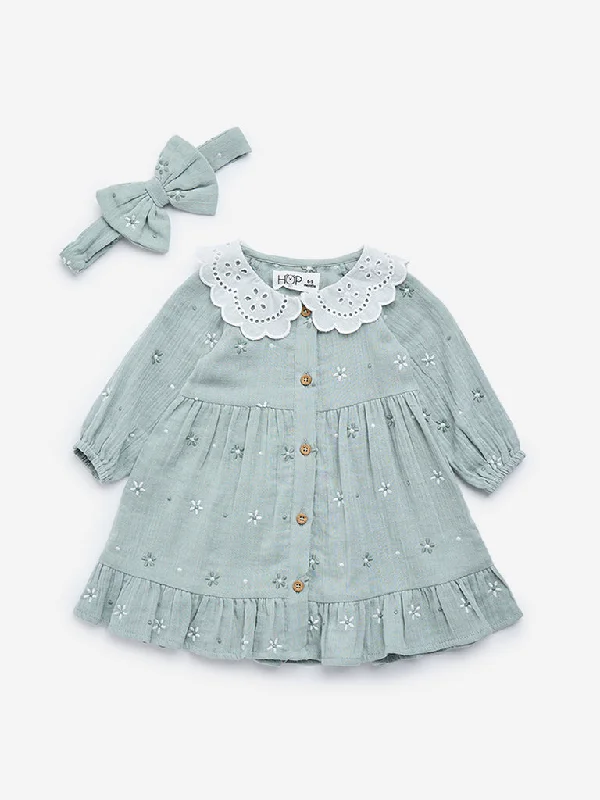 HOP Baby Sage Embroidered Cotton Blend Dress with Headband