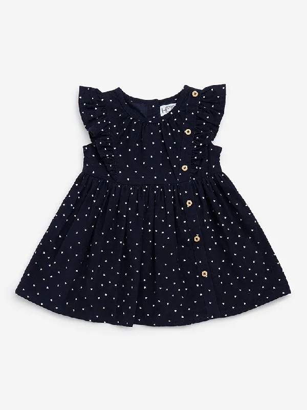 HOP Baby Navy Heart Printed A-Line Cotton Dress