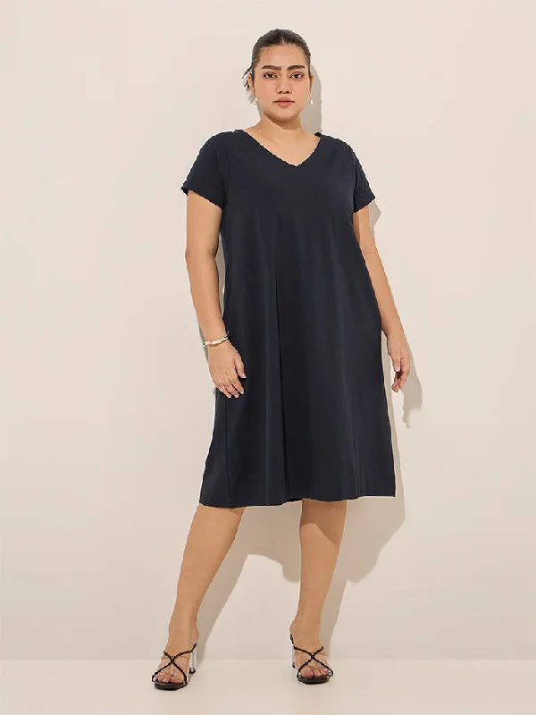 Gia Navy Solid Cotton A-Line Dress