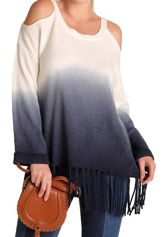 Casual Cotton Pullover Sweater-Women's Button-Front Denim Pullovers-Ombre Cold Shoulder Fringe Sweater In Navy