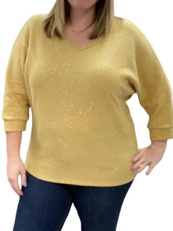 Neutral Pullover Sweater-Women's Turtleneck Pullovers-3/4 Sleeve Dolman Sparkly Sweater In Mustard