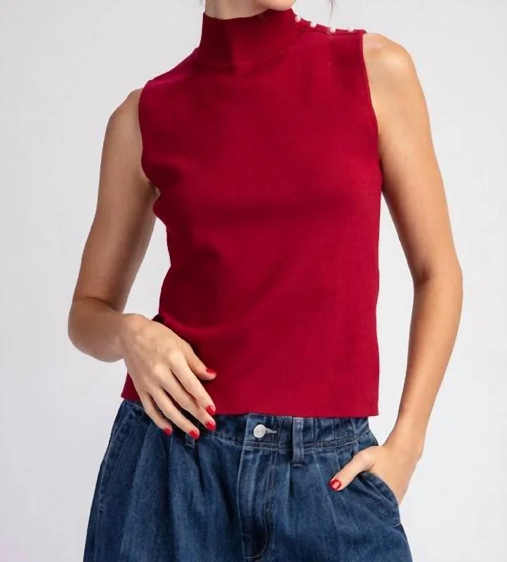 Pullover Sweater with Striped Pattern-Women's UV Protection Pullovers-Mock Neck Sleeveless Sweater Top In Cherry Red