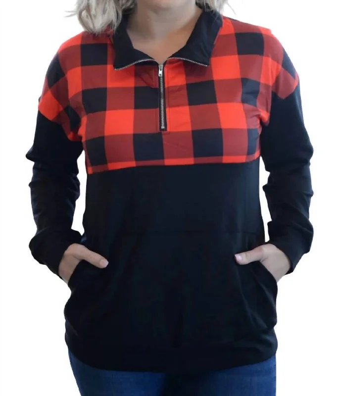 Casual Wool Pullover Sweater-Women's Button-Front A-Line Pullovers-Buffalo Plaid Zip Up Pullover In Red/black