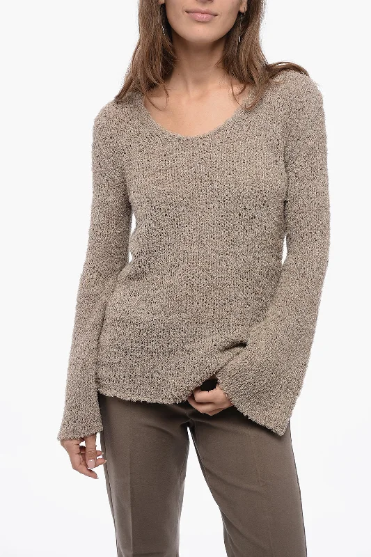 V-neck Pullover Sweater-Women's Glitter A-Line Pullovers-By Malene Birger Crew Neck Cotton Blend Sweater with Wide Sleeves