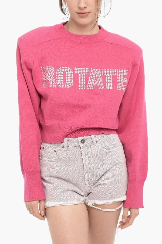 Warm Wool Cashmere Pullover Sweater-Women's Loose Fit Pullovers-Rotate Cropped FIRM Sweater with Rhinestone Logo