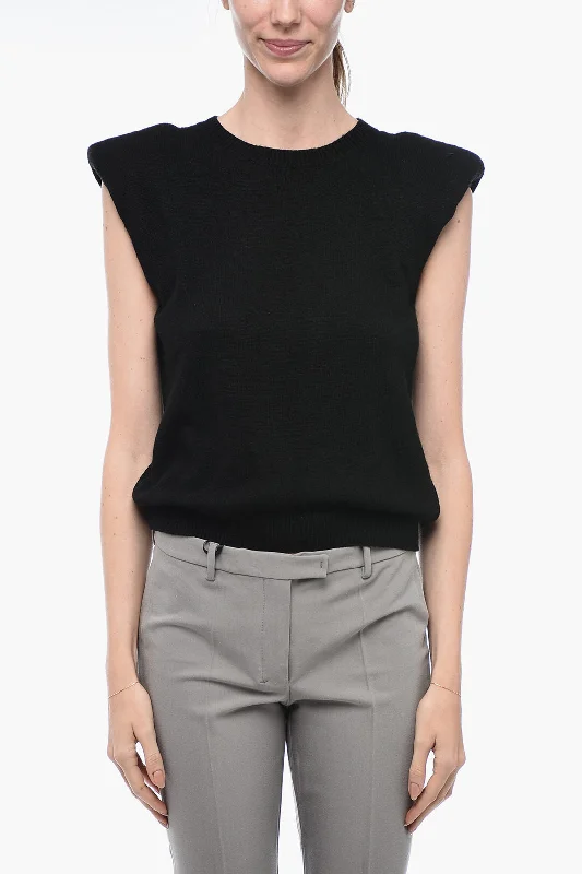 Pullover Sweater with Ribbed Texture-Women's Low-Waisted Pleated Pullovers-Federica Tosi Sleeveless Sweater with Padded Shoulder